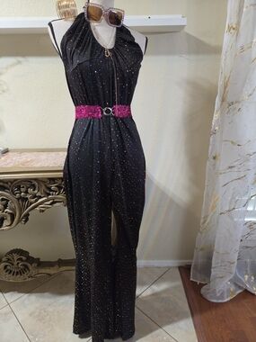 SOMSOC Costume 70s Disco Black Sparkle Halter Jumpsuit with Pink Belt, XL